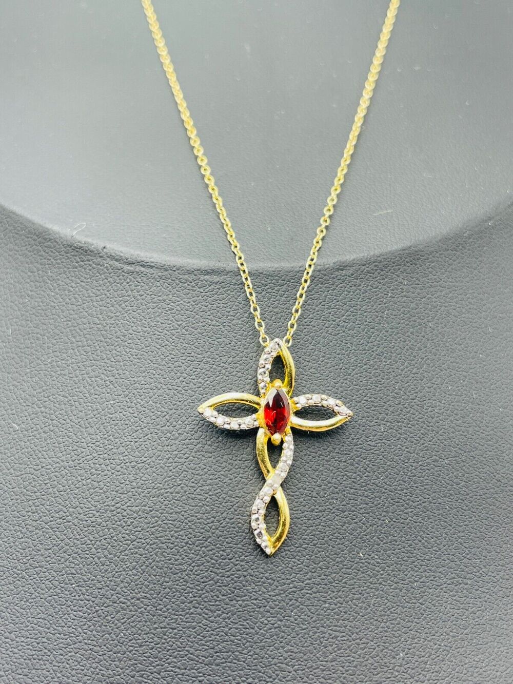FAS 925 Gold Vermeil Marquise Garnet Cross Pendant 18" Necklace Sterling Silver